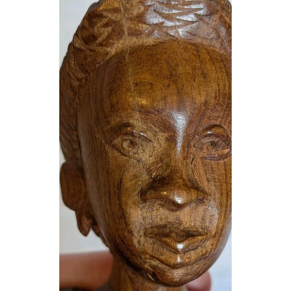 Wooden Handcarved African Statues Head Bust Tribal Man & Woman Pair Folk Art Set - Picture 13 of 16